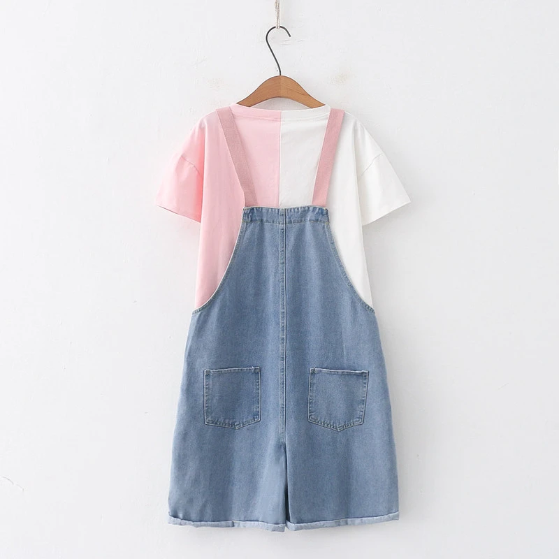 Summer Cute New Style College Style Nail Bead Cats Print Denim Shoulder Strap Shorts Women's T-Shirt+Shoulder Strap Set