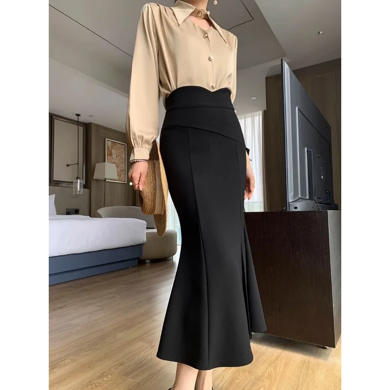 Women's High Waist Mermaid Midi Skirt Slim Fit Split Hem Hepburn Style Bodycon Long Skirt Fall Winter S 4XL