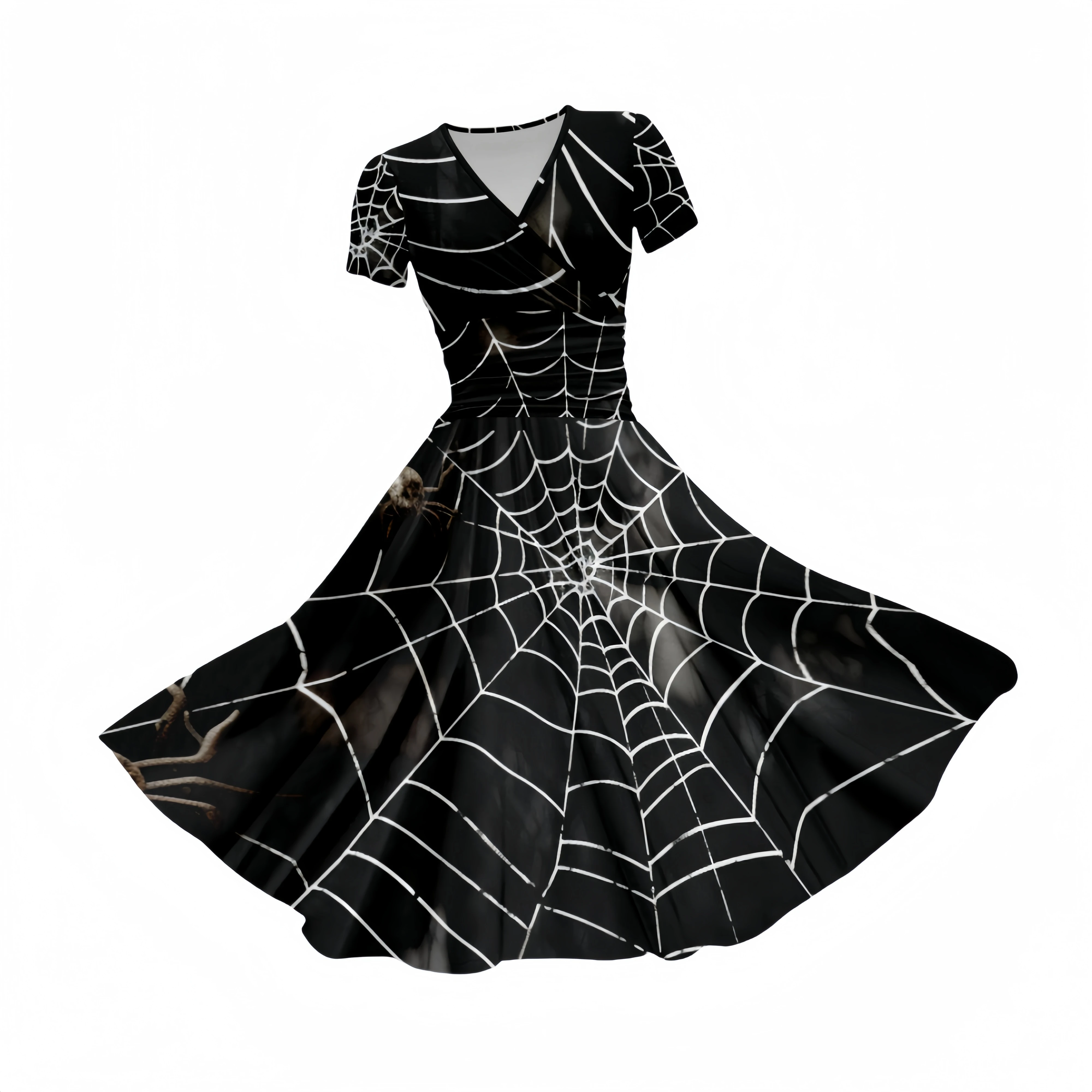 Halloween Style Spider Web Print Women's Vintage Art Print Casual Short Sleeved V Neck Long Dress