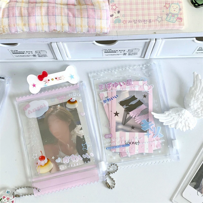 Soporte de almacenamiento de tarjetas con estampado de dibujos animados de 3 pulgadas, bolsa de muñeca transparente con cadena, bolsas pequeñas para tarjetas, soporte para tarjetas de estilo coreano, colgante