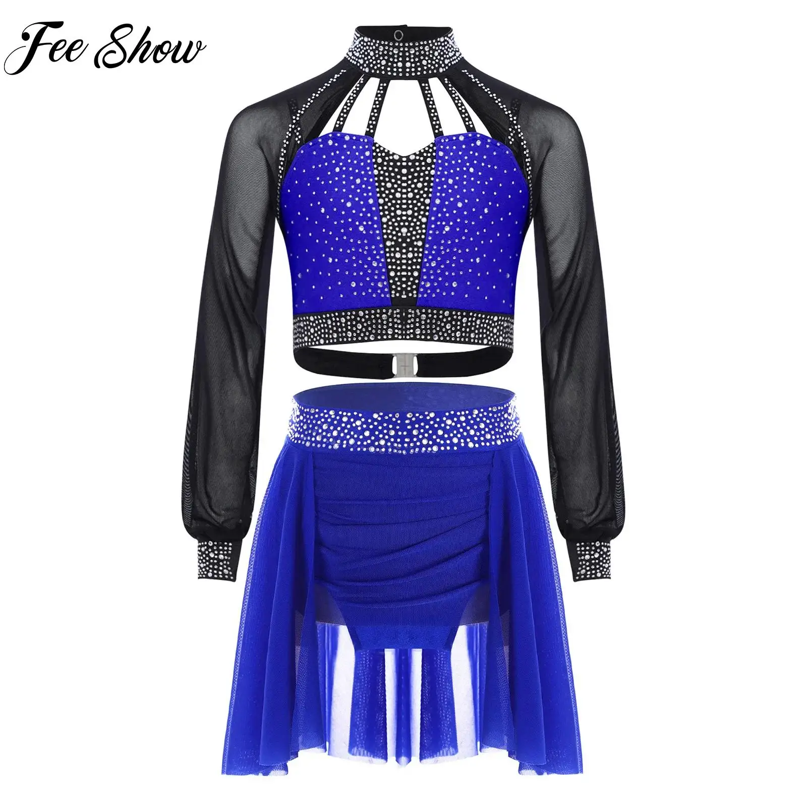 

Kids Girls Ballet Jersey Gymnastics Dance Figure Skating Lyrical Modern Dance Outfits Long Sleeve Crop Top+Skirts 2-piece Sets