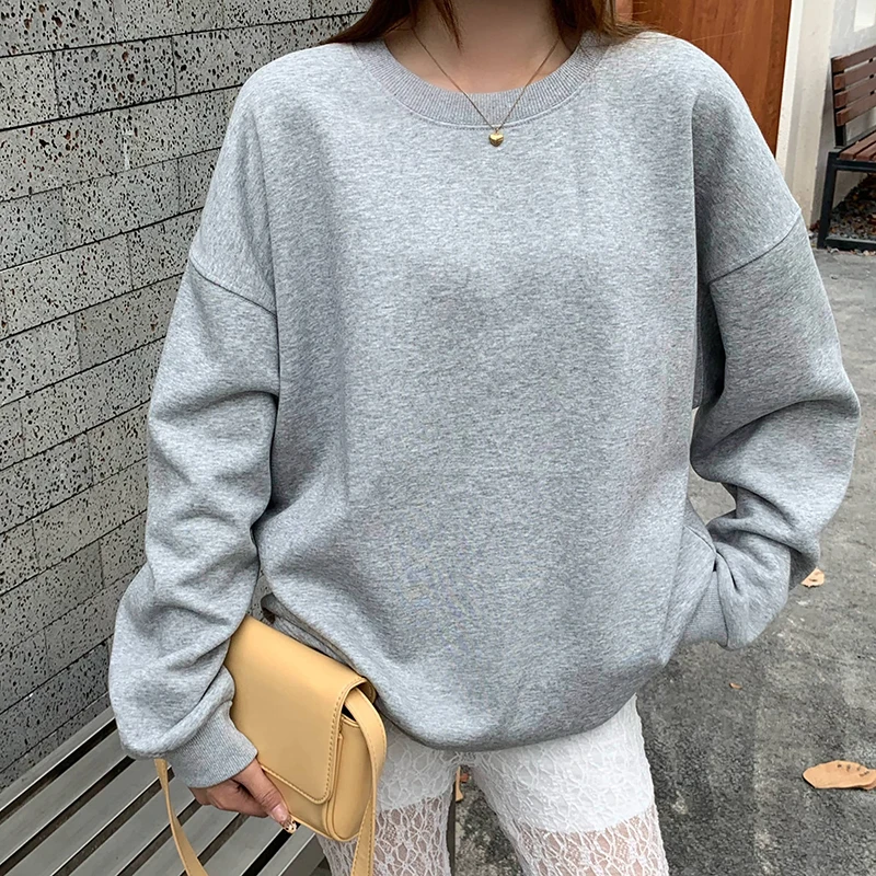 

Base Solid Pullover Hoodies Women Simple All Match O Neck Long Sleeve Thick T Shirt Autumn Winter Fashion Loose Casual Tees Tops