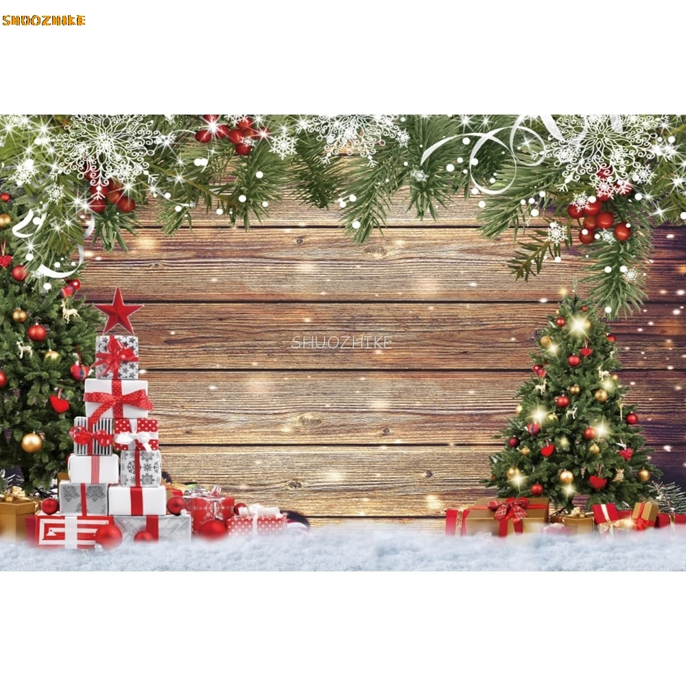Sfondo natalizio con tavola di legno, albero di Natale, campanelli regalo, parete in legno rustico, fiocco di neve, festa in famiglia, sfondo fotografico per bambini