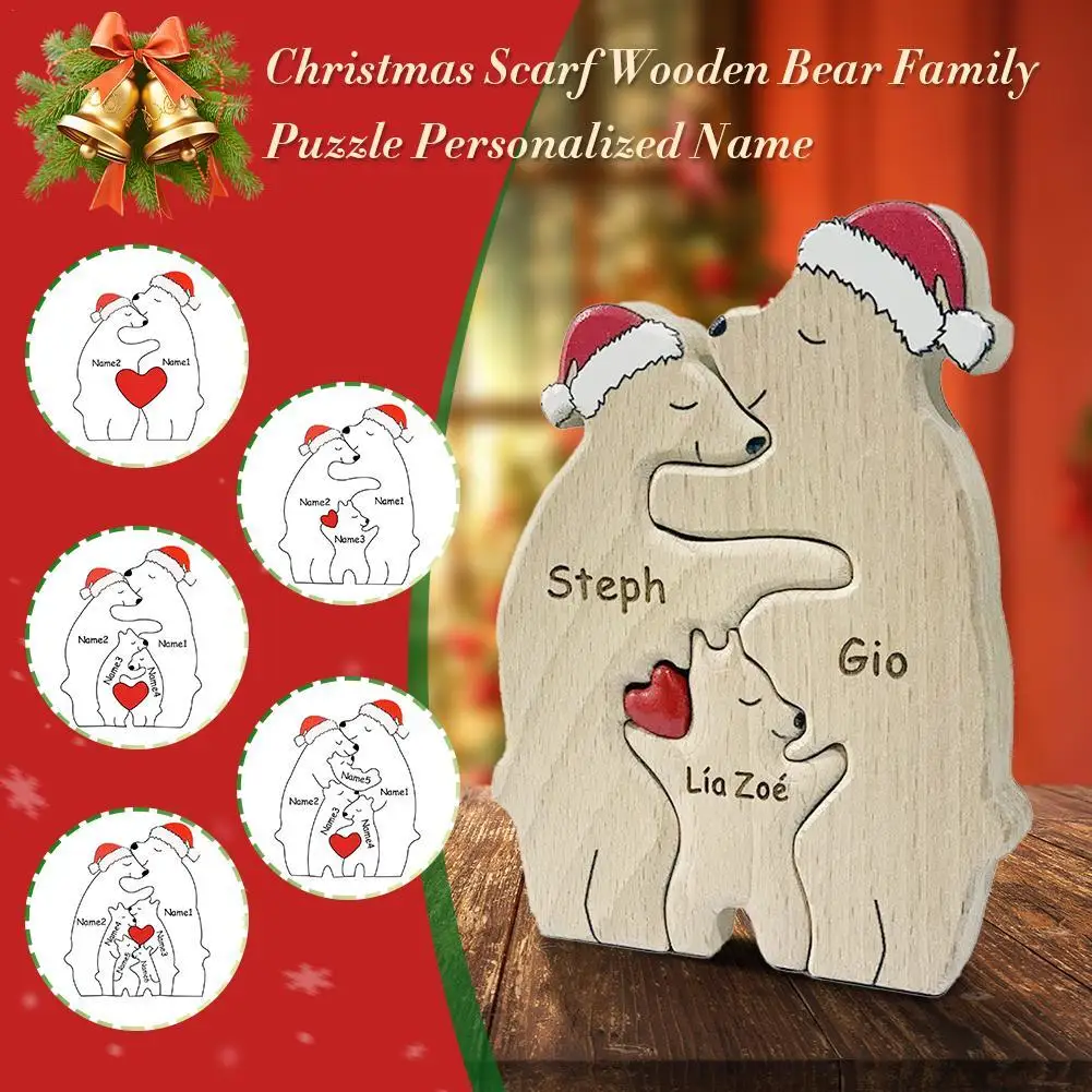 Custom Names Bear Damily Wooden Puzzle Handmade Christmas Gift Personalized Family Portraits Family Names Desktop Decoration