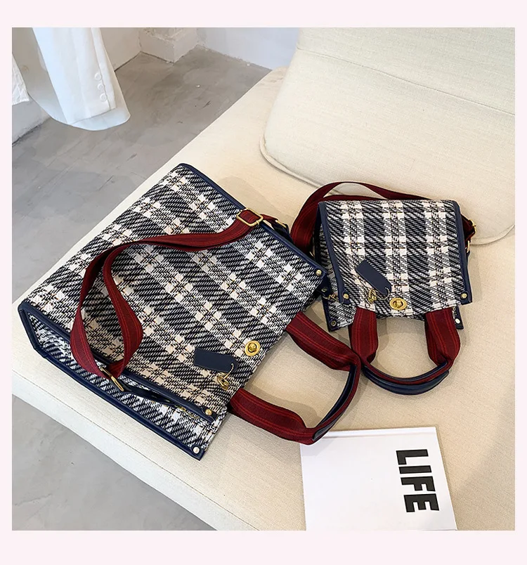 Fashion Canvas Plaid Tote Handbags Women\'s Large Capacity Multi-function Travel Shoulder Bag Organizer Lock Catch Simple Storage