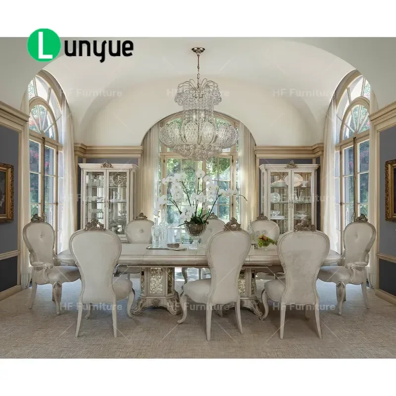 Luxury French Style Solid Wood Dining Table Set with Antique Carved Chairs New Design Long Rectangular Kitchen Furniture High