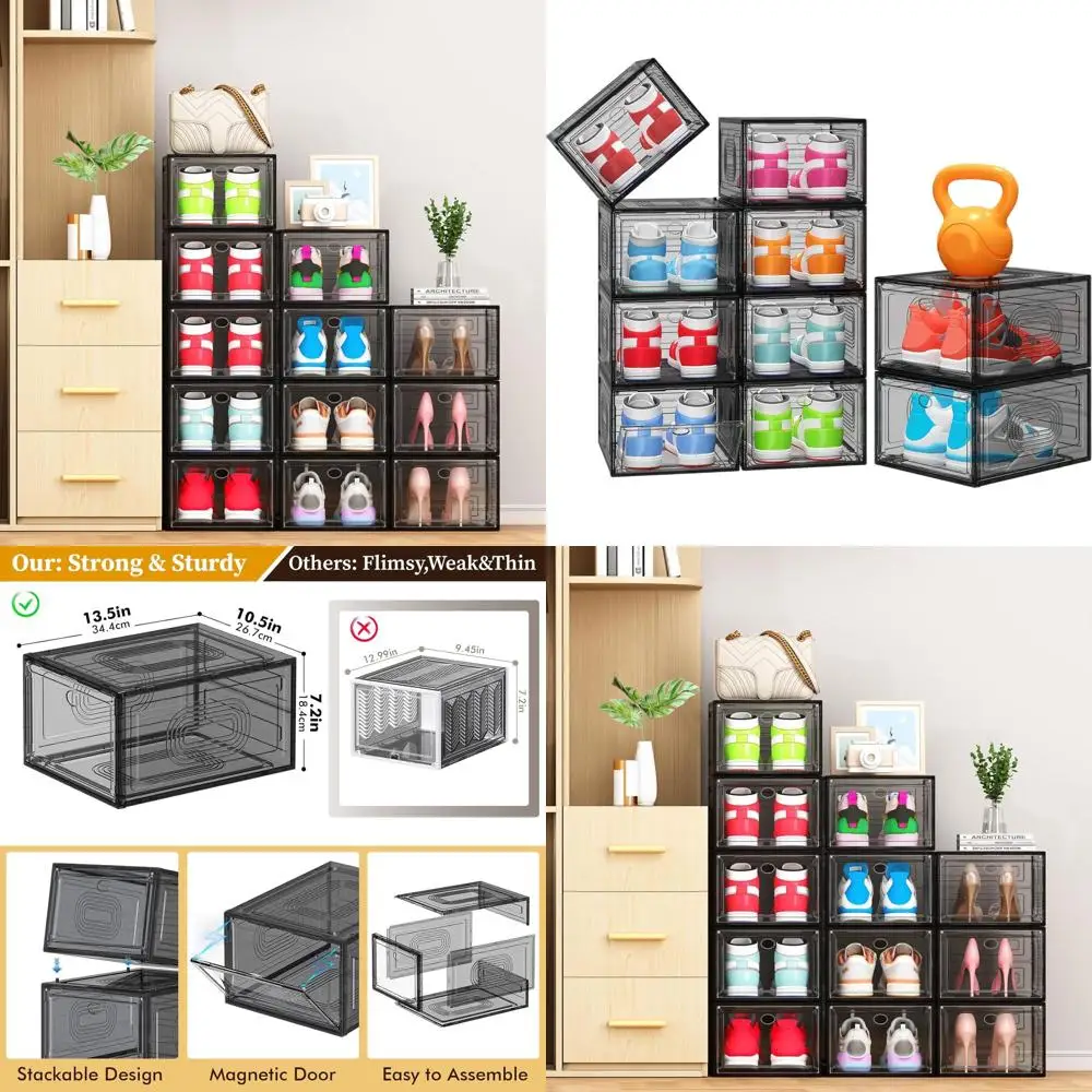 

Stackable Shoe Organizer with Magnetic Door for Space-Saving Storage in Closets, Entryways, and Under Beds