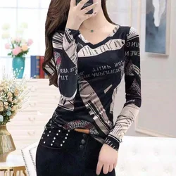 Polyester V Neck Tops Woman Spring Autumn Long Sleeve T Shirt for Women Aesthetic Clothing Korean Reviews Many Clothes Elegant