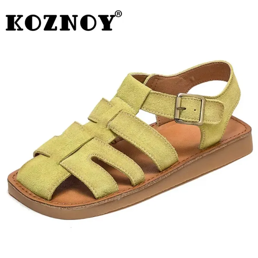 

Koznoy Women Sandals Summer 2025 Cow Suede Genuine Leather Casual Hook Flats Hollow Luxury 2cm Soft Soled Oxfords Ethnic Shoes