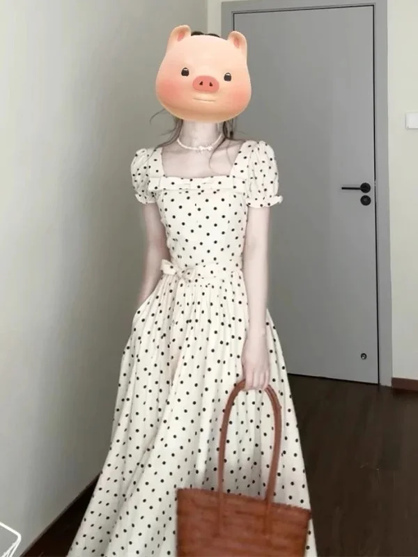 Ele White Polka Dot Dr Damska Zimowa Kolekcja 2025 Nowa Elegancka Długa Sukienka z Podkreśleniem Talii Dr Casual Bubble Sve A-Line S...