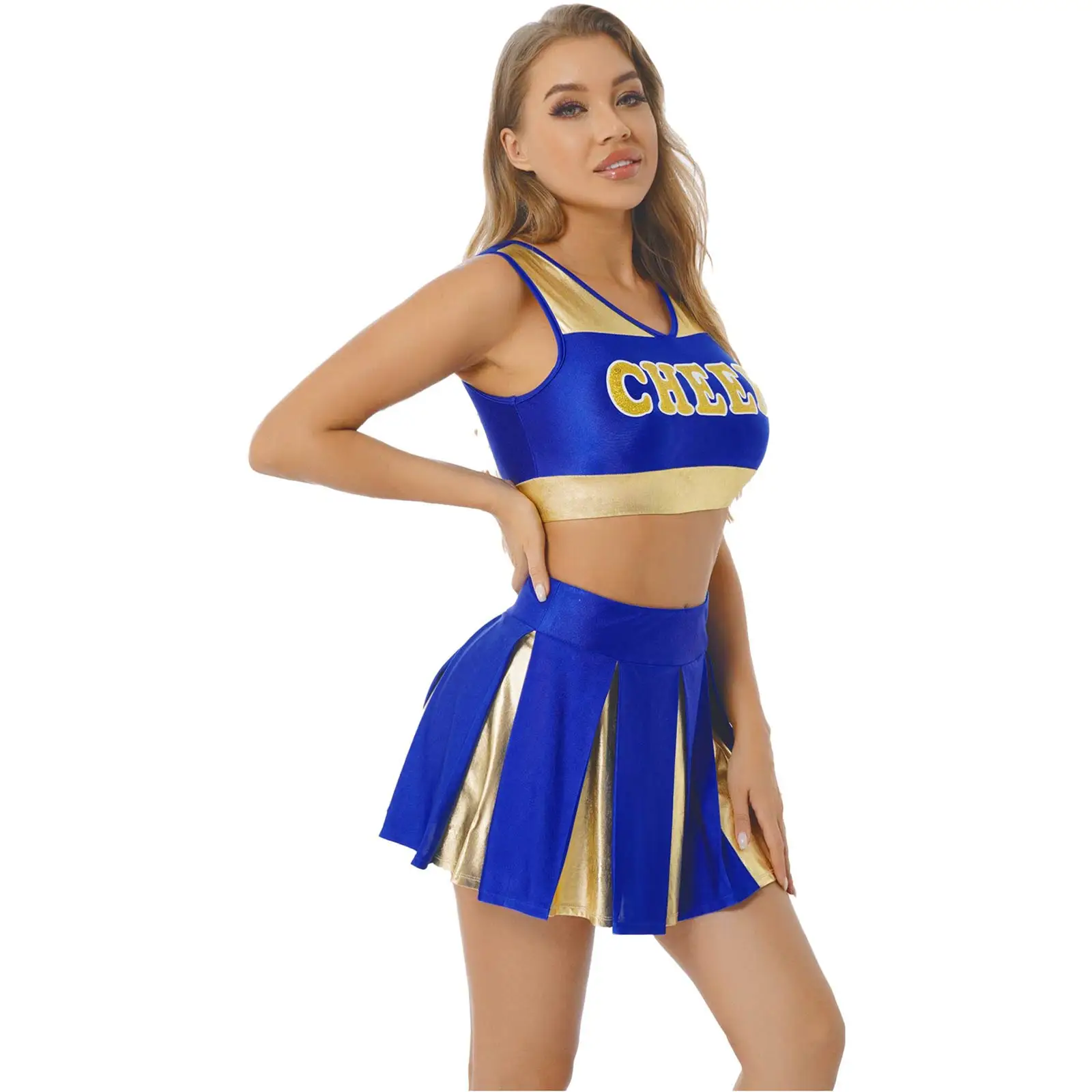 Womens Cheerleading Uniform Cheerleader Dance Outfit Shiny Letter Printing V Neck Sleeveless Crop Top with Pleated Mini Skirt