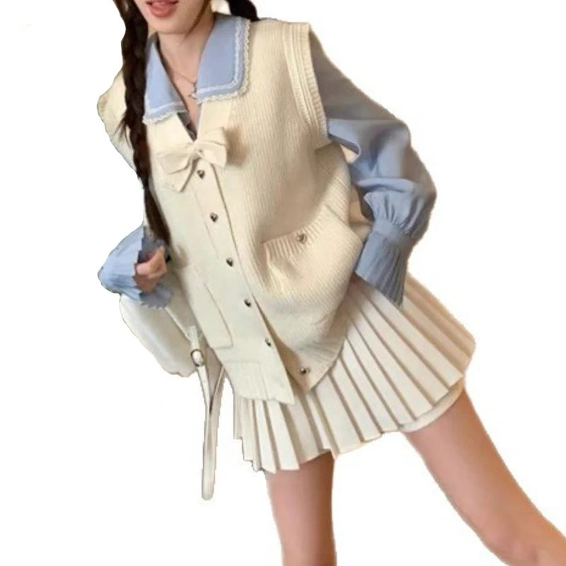 2025 novo japonês coreano conjunto formal kawaii borboleta nó malha colete camisa feminina inverno cintura alta mini saia conjuntos de três peças