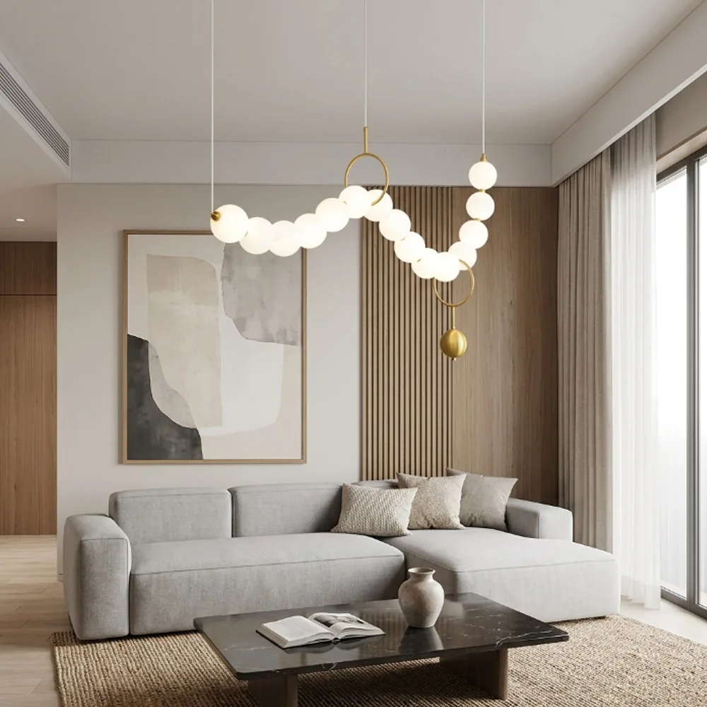 Nordic LED Pendant Light Warm Light Iron String Acrylic Pearl Gold Interior Decor Lamp Living Room Dining Room Bedroom Fixtures