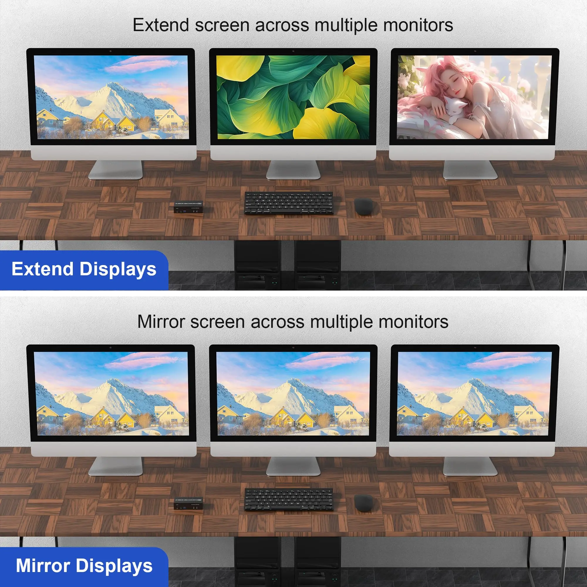 Triple Monitors KVM Switch 2 Displayport + HDMI 4K@60Hz 3 Monitors KVM Switch with Audio Microphone Output and 3 USB 3.0 Ports