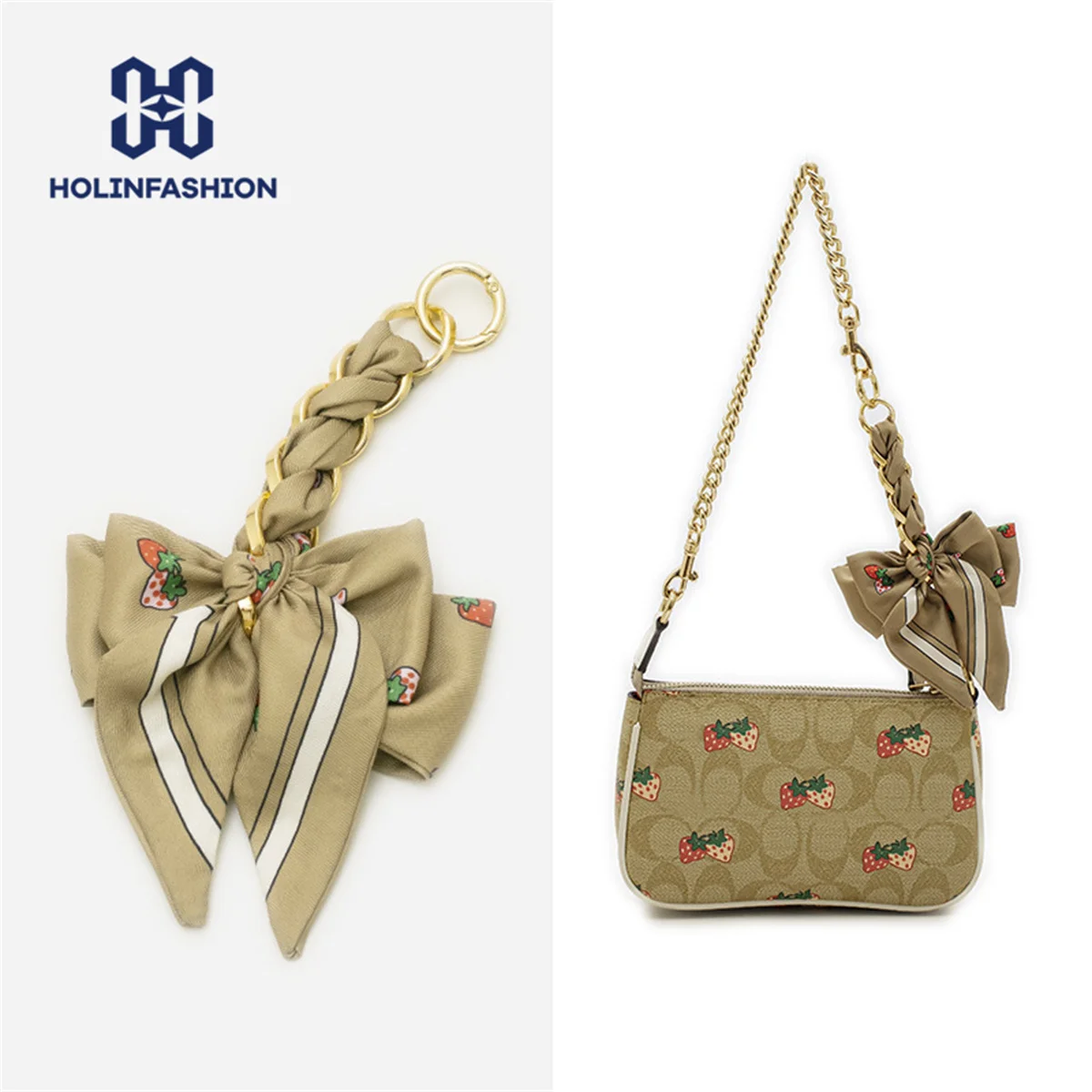 HOLINFASHION Bow Bag Extension Chain with Silk Scarf Adjustable Long Shoulder Underarm Bag Strap DIY Purse