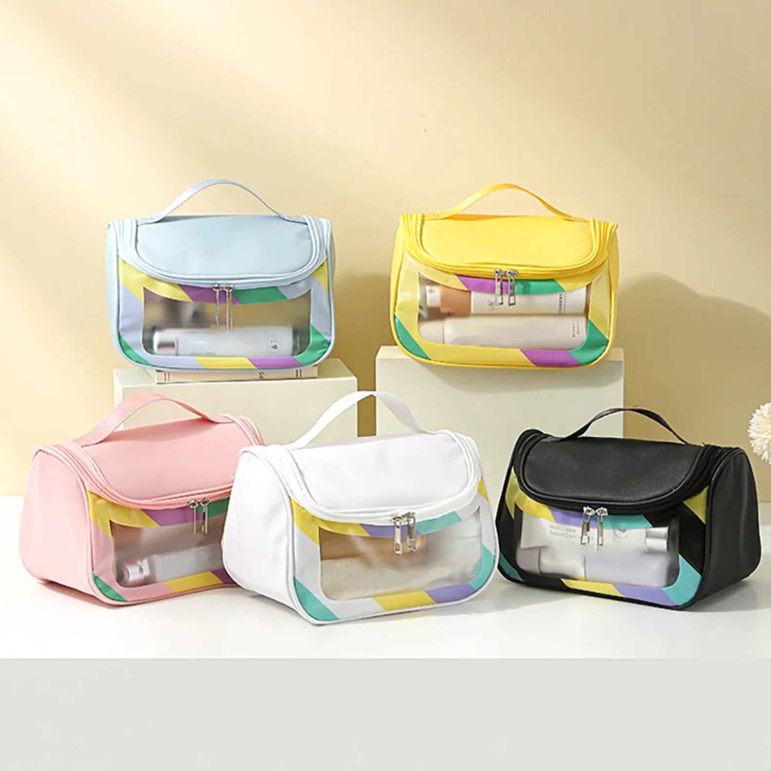 Makeup Travel Organizer Portable Waterproof Large Capacity - Multifunctional PU Material Visible Colorful