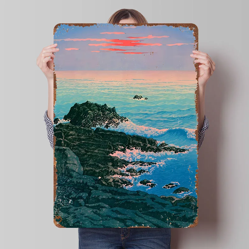 Ukiyo E Morning Sea Printed Poster Customized Wall Art Retro Vintage Metal Tin Signs for Home Interior Decoration Living Room