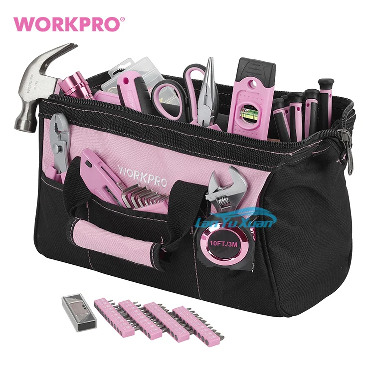 WORKPRO 106PC Home Repairing Tool Kit with Wide Mouth Open Storage Bag Household Pink  Set for Lady