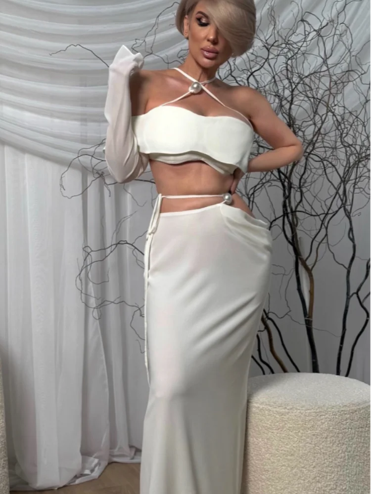 

Сексуальный топ на шнуровке с бусинами, длинная юбка, женский комплект, винтажный тонкий топ с одним рукавом, юбки с низкой талией, комплекты женских шикарных вечерних халатов