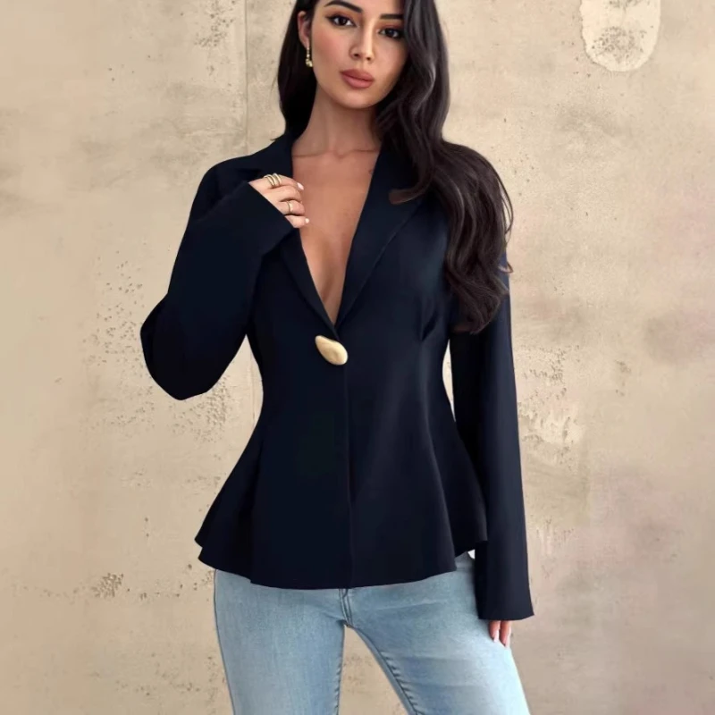 2026 New Spring Fashion Temperament Solid Color Personality V-neck Slim Fit One Button Suit Jacket for Women