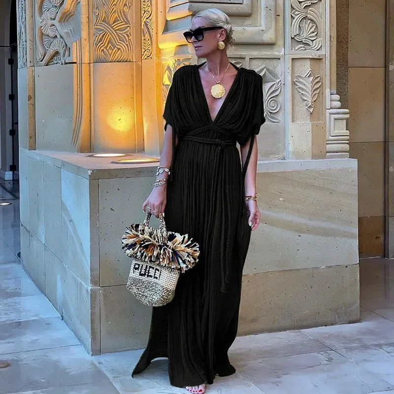 2024年セクシーVネックサマードレスビーチカバーアップボヘミアンエレガントパーティーローブ女性ビキニカバーアップバックレスクラブパーティードレス