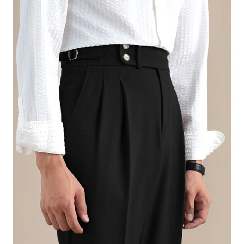 Naples Double Fold High Waist Linen Suit Pants For Men Summer Breathable Straight Leg Office Trousers Men Pantalon Costume Homme