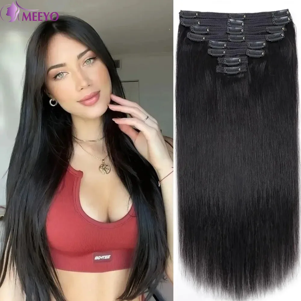 Extensiones de cabello con Clip, cabello humano liso brasileño, extensiones de cabello humano sin costuras, cabeza completa negra Natural, 120