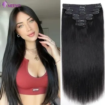 Clip-in haarextensies Echt haar Recht Braziliaans Clip-ins Naadloze extensions van echt haar Natuurlijk zwart Volledig hoofd 120 g/pak