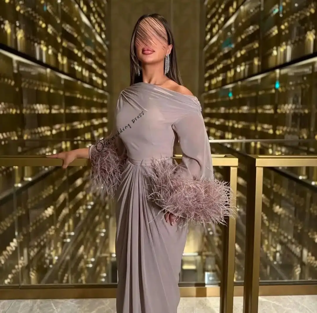 customized  One Shoulder Evening Dresses Mermaid Pleated Feathers Ankle Length Prom Dresses Elegant Formal Occasion Dress