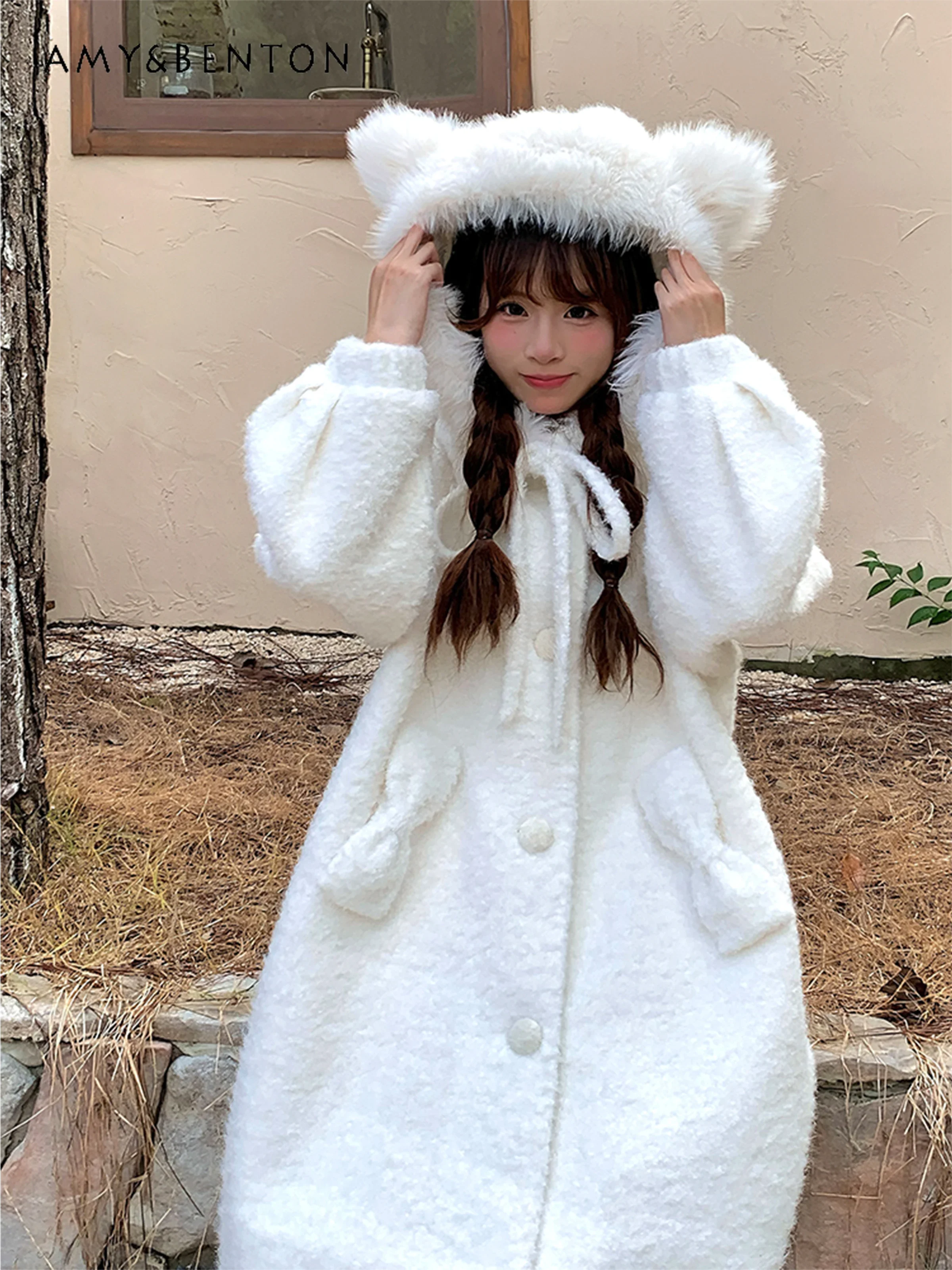 Sweet Cute White Bear Plush Hooded Woolen Coat Women Autumn Winter New Kawaii Bow Single-breasted White Mid-length Woolen Coat