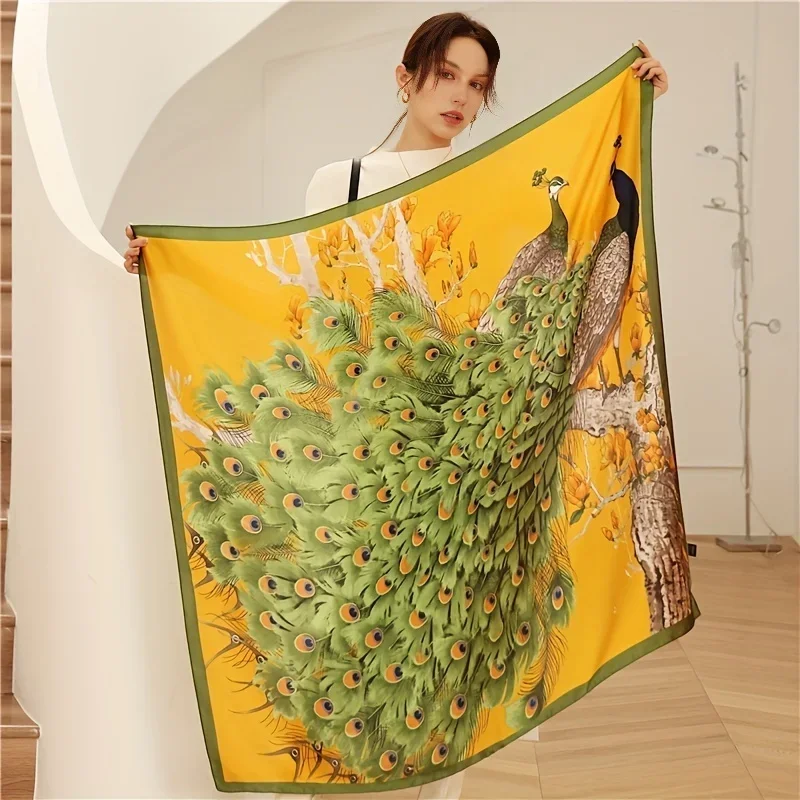 90*90cm lenços hijab moda feminina pavão padrão impressão cachecol feminino xales quadrados cabeça senhoras bandanna foulard silenciador menina