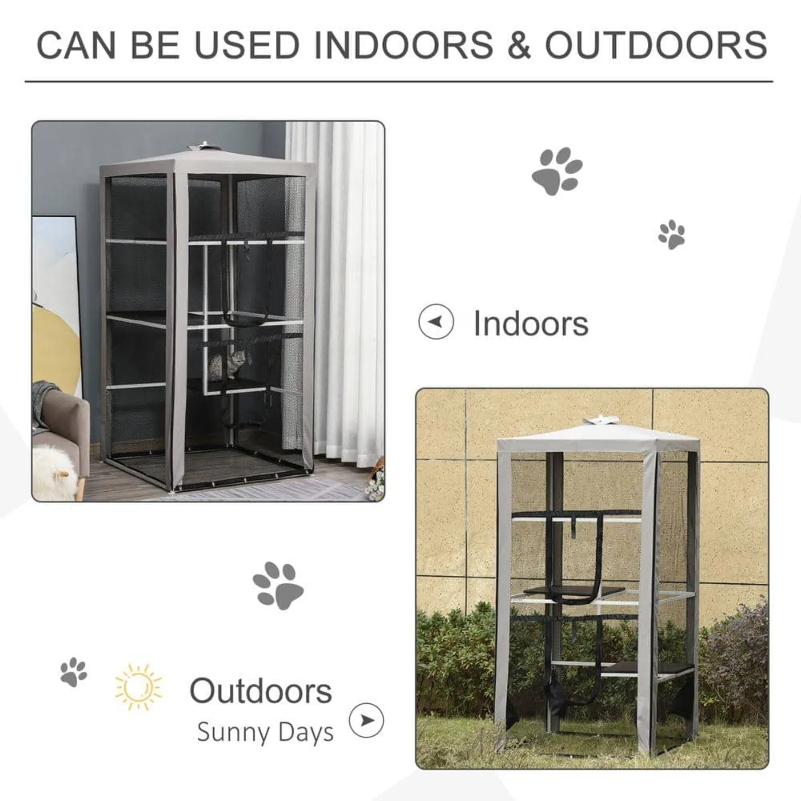 US 79 in. H Indoor/Outdoor Cat House Kitten Enclosure with 3 Platforms, 2 Doors and 4 Sandbags for Stability