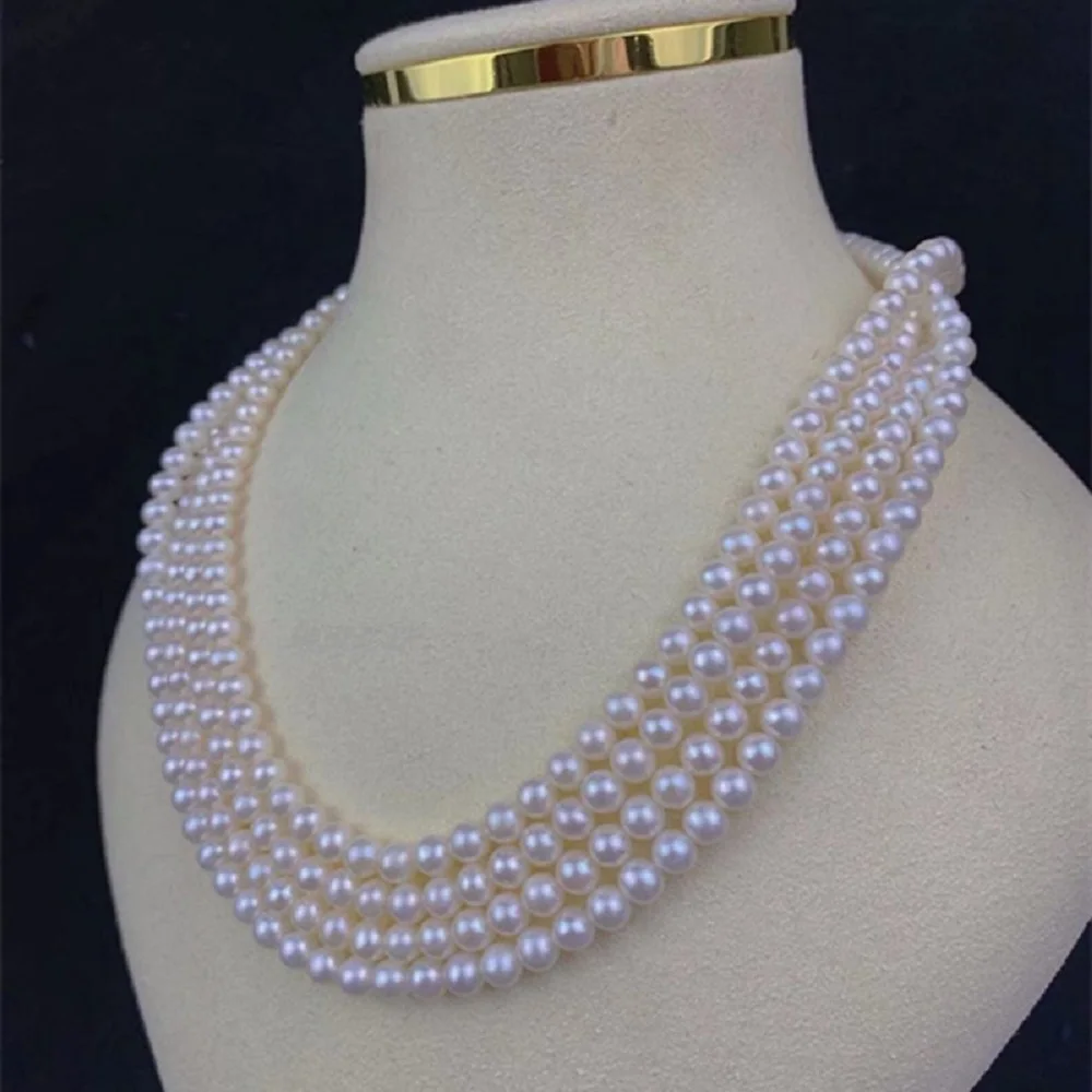 

4 rows/necklace AAAA5-6mm natural Japanese round pearl necklace 925s-16-17-18-19inch elegant temperament necklace