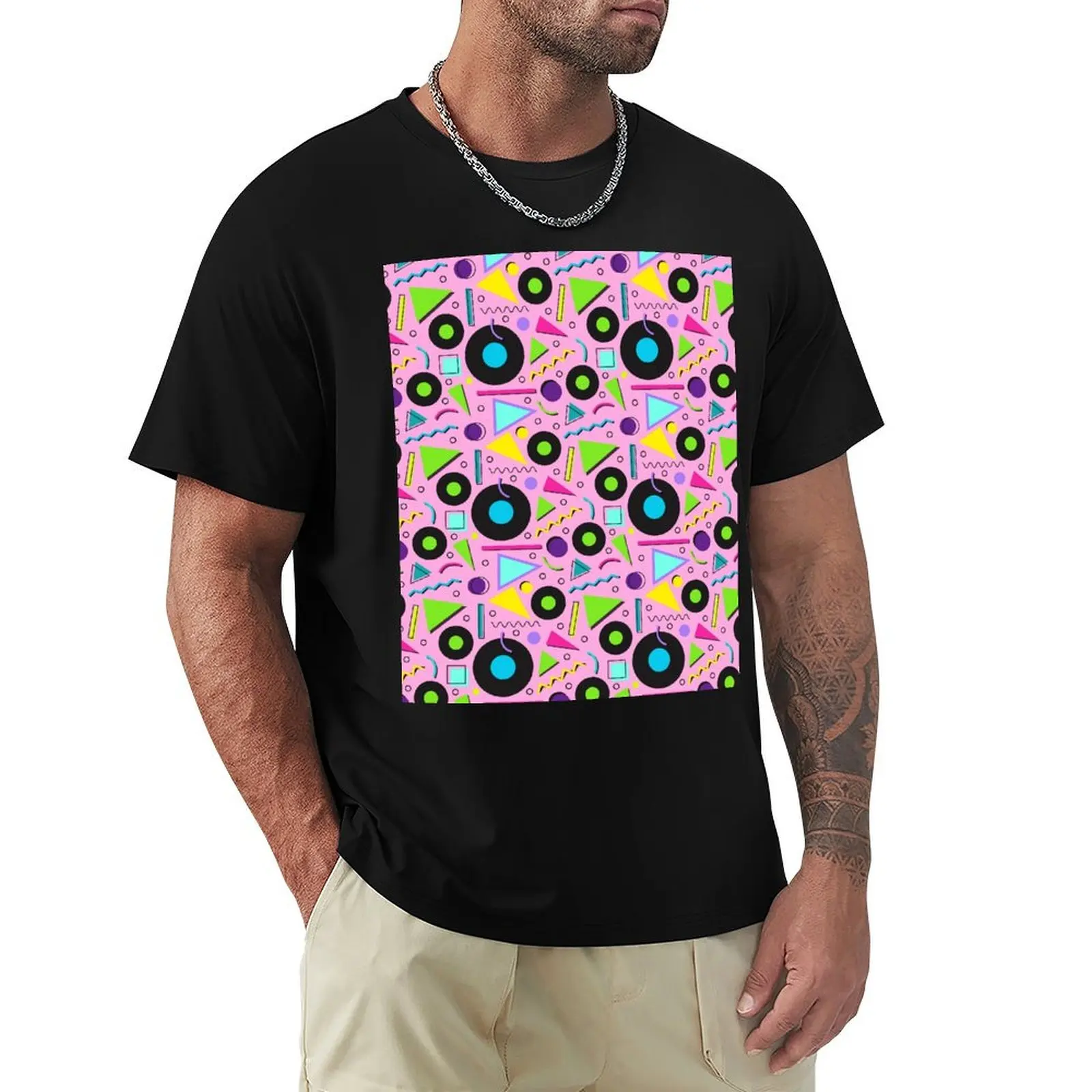 80s Neon Shapes Vinyl Records Memphis Pattern T-Shirt Soft Cotton Print T-Shirt