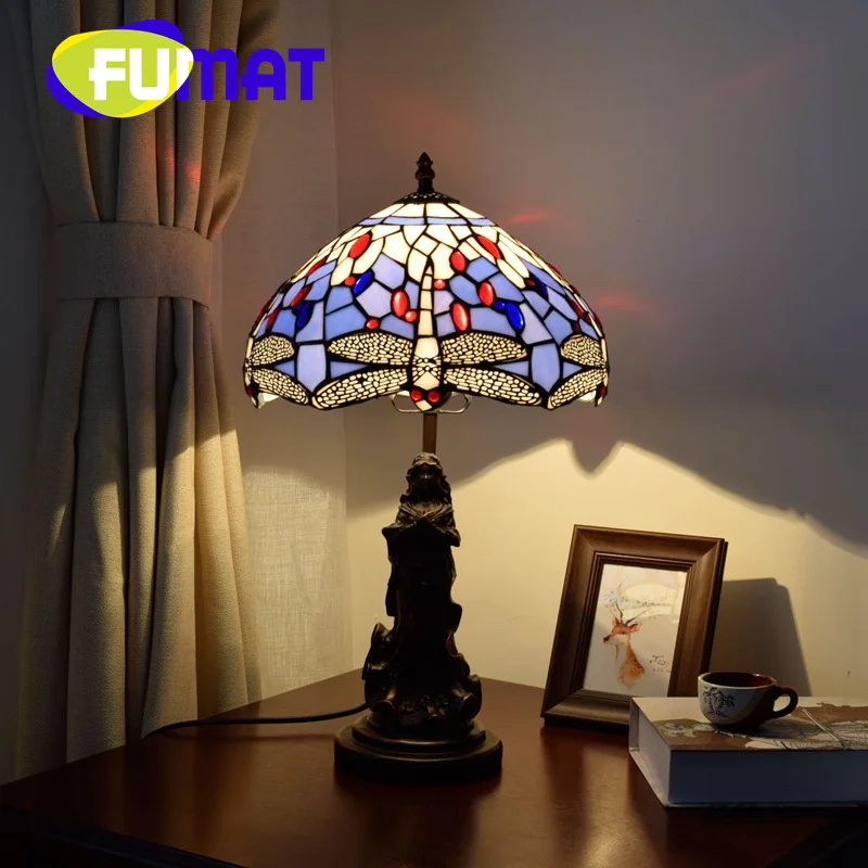 FUMAT Tiffany Mediterranean-style blue Dragonfly stained glass table lamp Art Deco Dining Room Desk bedroom Bedside nightlight