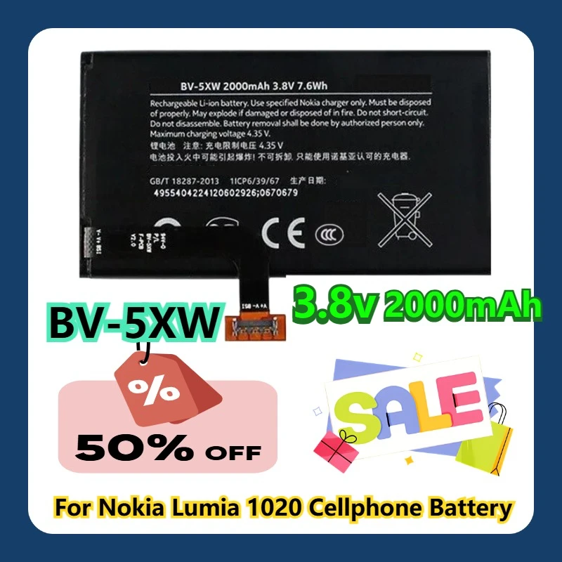 

For Nokia Lumia 1020 Cellphone Battery Replacement BV-5XW 3.8V 2000mAh