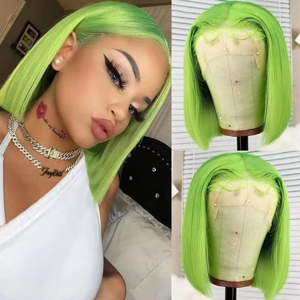 

Light Green Bob Wig Human Hair Short Colored Straight Wigs 13x4 Lace Front Transparent Lace Wigs for Women 4x4 Lace Closure Wig