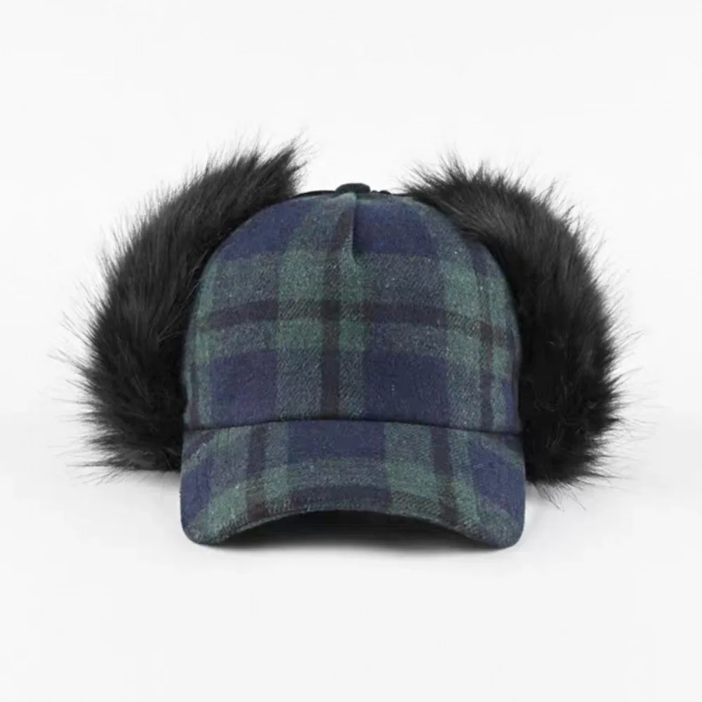 Versatile Faux Fur Pilot Hat Plaid Pattern Ear Flaps Bomber Cap Foldable Warm Insulation Ear Protection Caps Casual Daily Wea