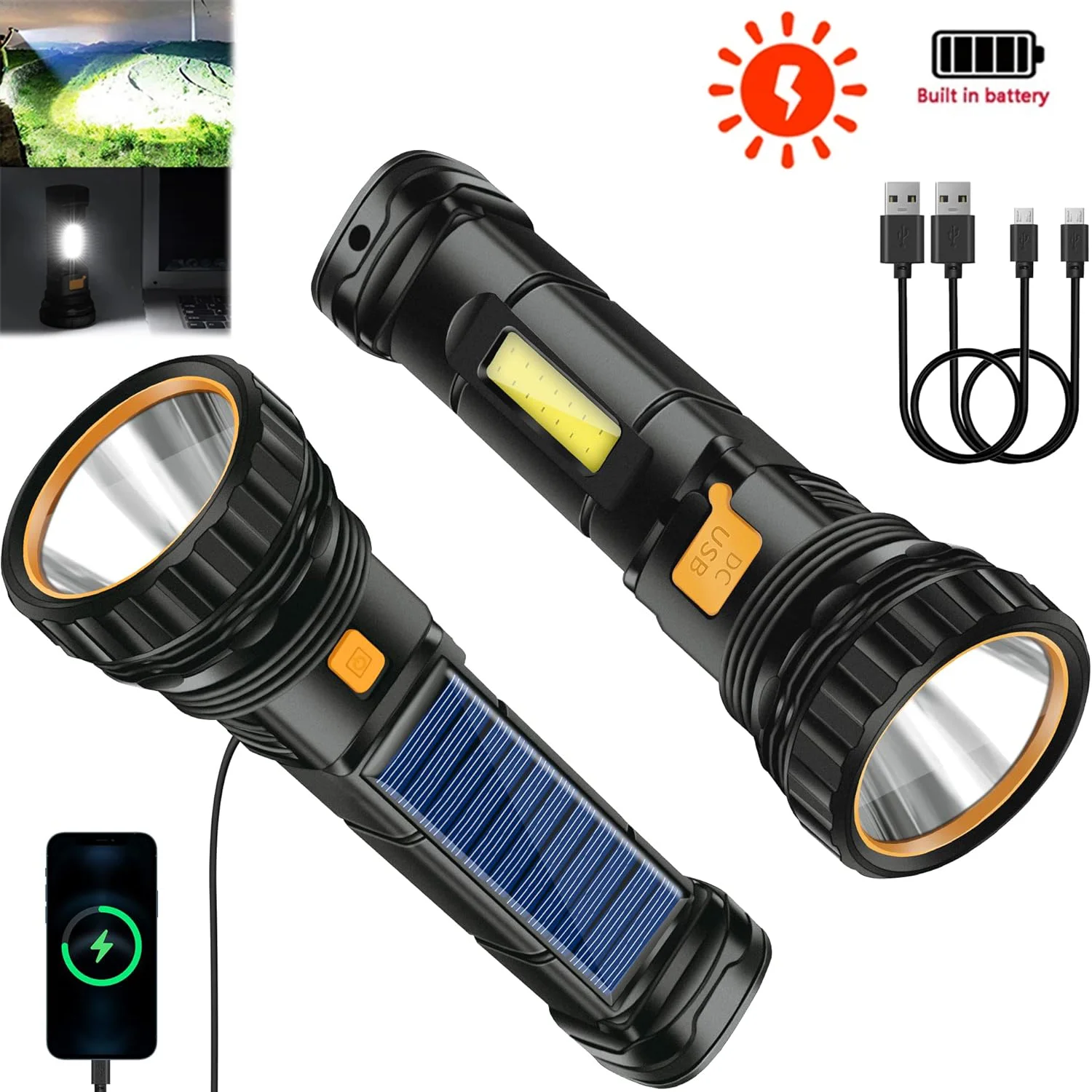 مجموعة واحدة من مصابيح LED قابلة لإعادة الشحن بالطاقة الشمسية/USB مع ضوء إحترافي مقاوم للماء وبطارية 1500 مللي أمبير في الساعة للشعلة الخارجية طويلة المدى #1