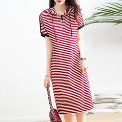 Female Casual Hooded Striped Printed Dresses 2023 Summer Women's Clothing Trend Fashionable Short Sleeve Contrast Color Dress