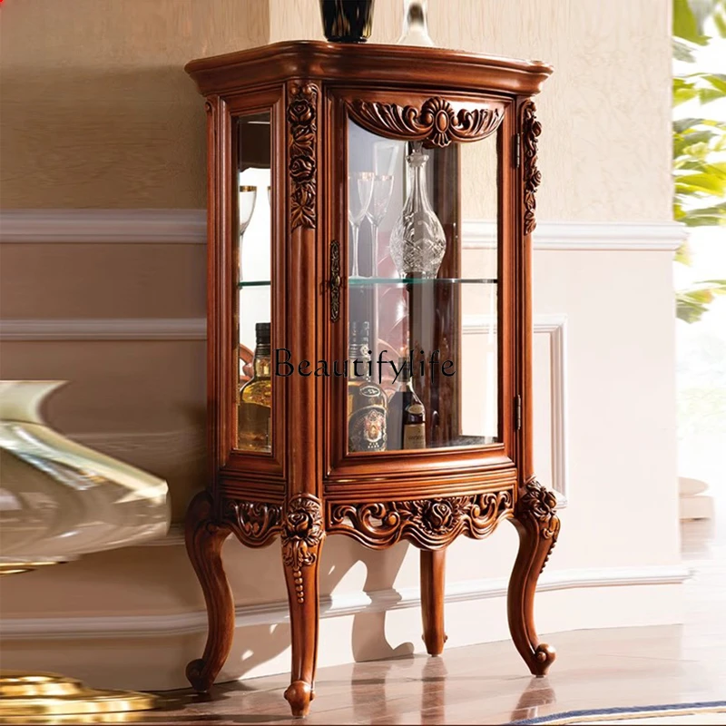 Wood Carved Small Wine Cabinet Living Room Wall Display Cabinet Made of Glass European Retro Single Door Tea Cabinet