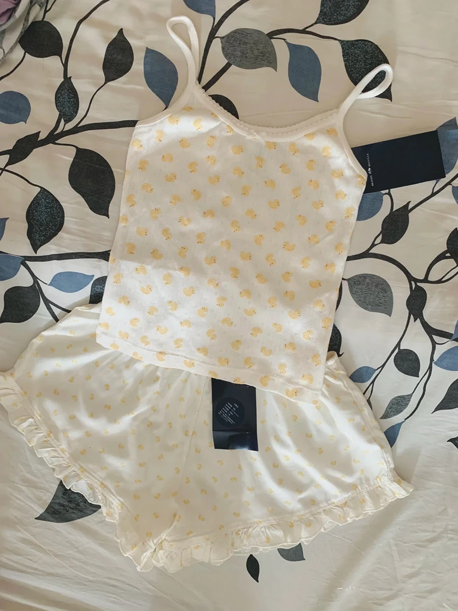 

Little Ducks Eyelet Vest Shorts Pajama Set Woman Bow Slim Tank Tops+ Ruffles Sweatshorts New Cotton Sweet Cute Home 2 Piece Sets