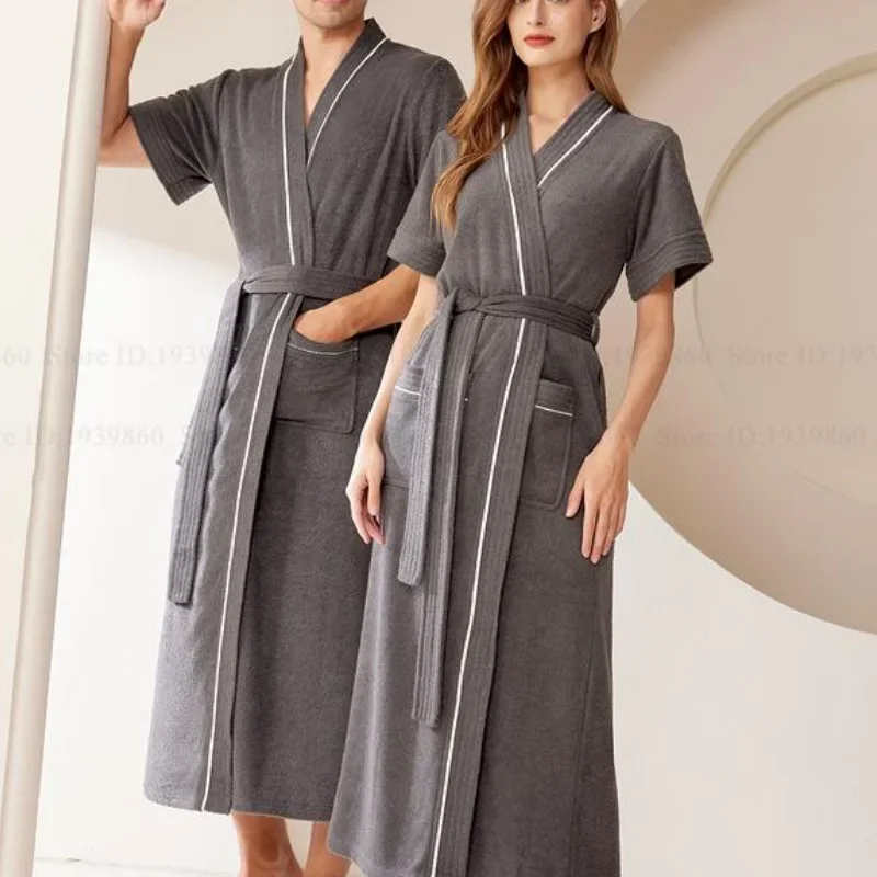 Couple Short Sleeve Long Robe Sleepwear Large Size Terry Towel Absorbent Bathrobe Kimono Gown Home Dress Loose Casual Loungewear