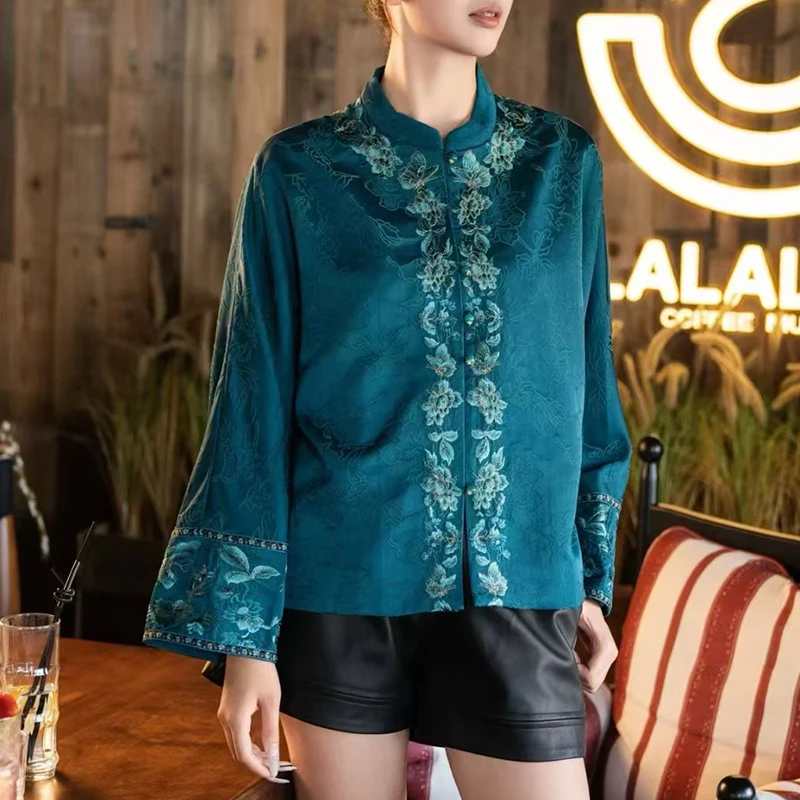 Spring and Autumn Exclusive Design New Small Stand Collar Chinese Single breasted Silk Embroidered Women's Jacket S-XL