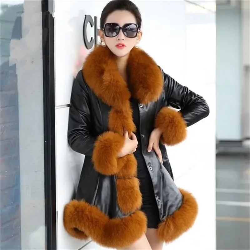 Size 6XL Women\'s Clothing Autumn Winter Imitation Fox Fur Big Fur Collar Thick Warm Female\'s Leather Jacket Slim Fur Coat