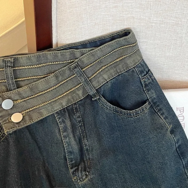 Retro Design Irregular High-waist Jeans Women in Spring and Autumn New Loose Straight Splicing Wide-leg Pants