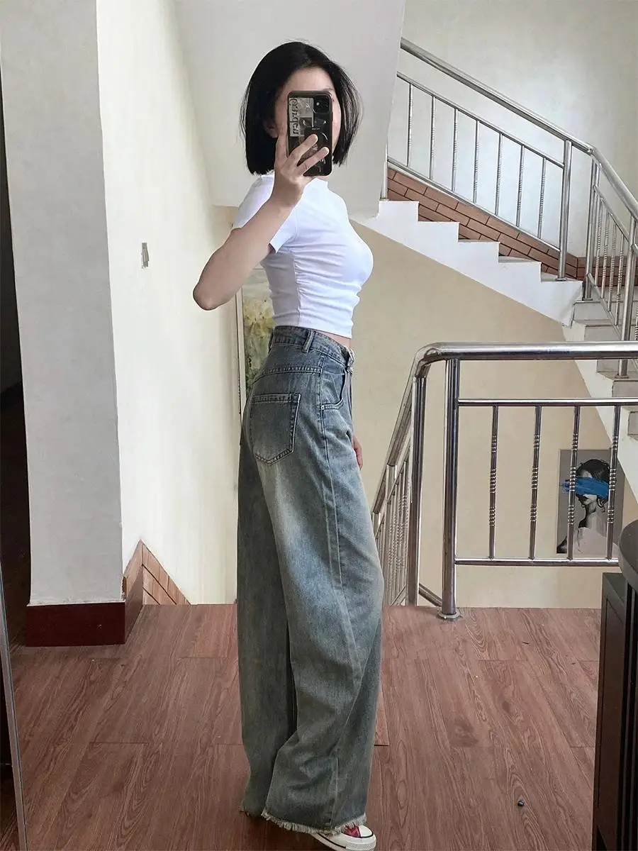 150 Short retro furred straight leg Jeans Women fall pear-shaped high-waisted wide-leg pants xs show height