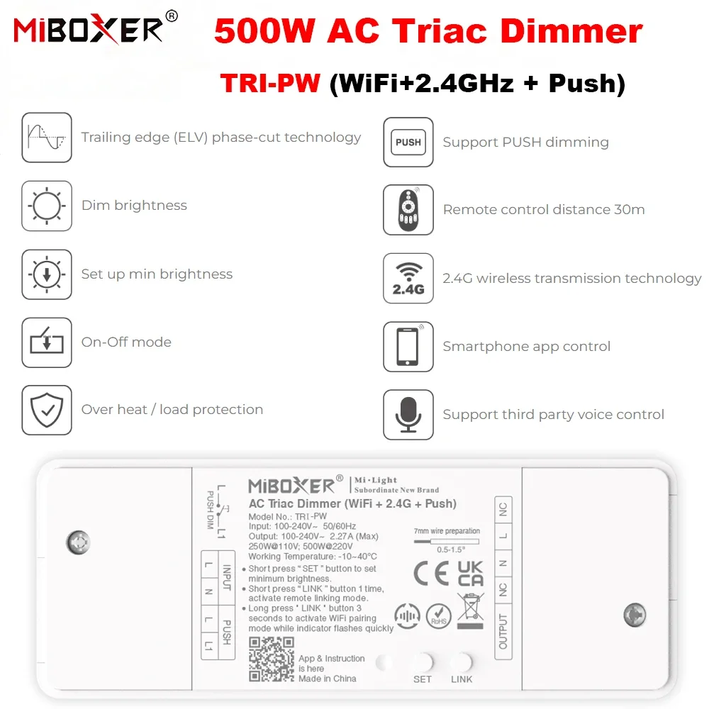 

Miboxer TRI-PW 500W AC Triac диммер (WiFi + 2,4 ГГц + Push) Регулируемая яркость Tuya Google Home Alexa Triac Регулируемая яркость лампы