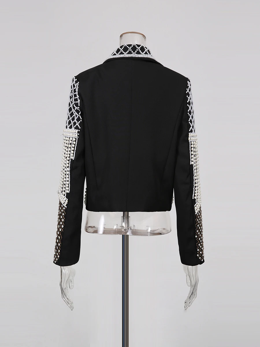 TWOTWINSTYLE Colorblock Slimming Spliced Embroidery Coat for Women Lapel Long Sleeves Patchwork Pearl Jackets Female Clothing