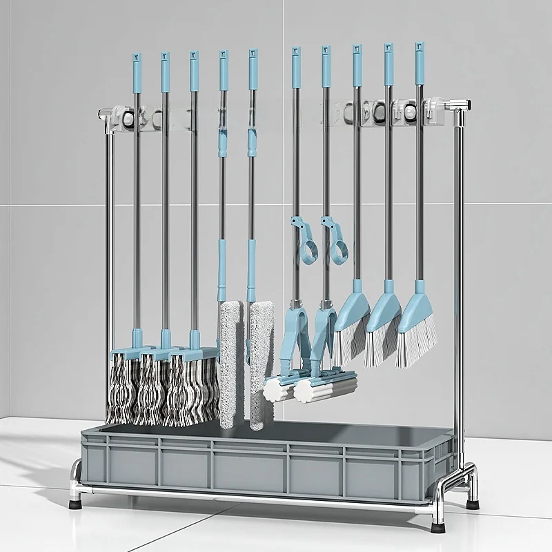 

Mobile Broom Holder Rack Stainless Steel Commercial Floor Standing Storage Cleaning Tool Shelf with Wheels Broom Storage Rack
